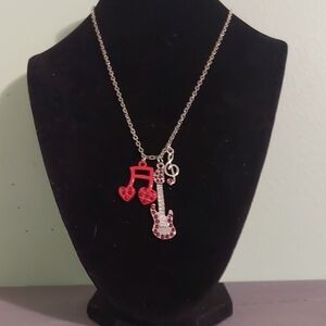 Justice Silver Toned Music Themed Rhinestone Necklace Guitar Musical Note Clef